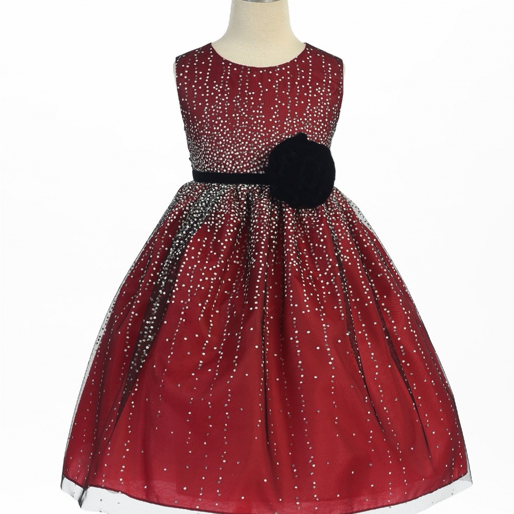 Charming Red Kids Dress with Black Floral Detail
